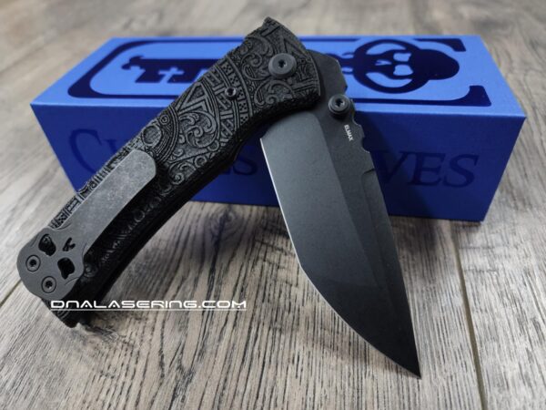 il_fullxfull.6776314807_1dcy.jpg Chaves Redencion 229 Blue Label - Black Micarta Laser Engraved Dead Aztec Pattern - COMPLETE KNIFE - 2 Black Blade Options - New In Box