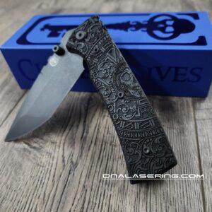 il_fullxfull.6776367655_qwl8.jpg Chaves Redencion 229 Blue Label - Black Micarta Laser Engraved Dead Aztec Pattern - COMPLETE KNIFE - 2 Black Blade Options - New In Box