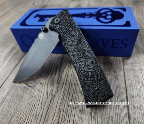 il_fullxfull.6776367655_qwl8.jpg Chaves Redencion 229 Blue Label - Black Micarta Laser Engraved Dead Aztec Pattern - COMPLETE KNIFE - 2 Black Blade Options - New In Box