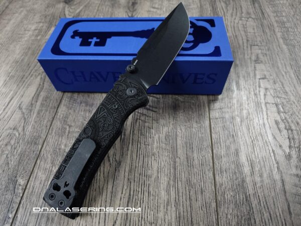 il_fullxfull.6777108857_pokm.jpg Chaves Redencion 229 Blue Label - Black Micarta Laser Engraved Dead Aztec Pattern - COMPLETE KNIFE - 2 Black Blade Options - New In Box