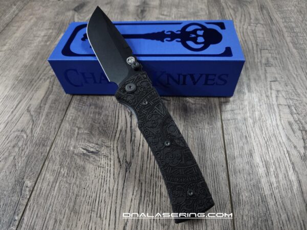 il_fullxfull.6777108865_divp.jpg Chaves Redencion 229 Blue Label - Black Micarta Laser Engraved Dead Aztec Pattern - COMPLETE KNIFE - 2 Black Blade Options - New In Box