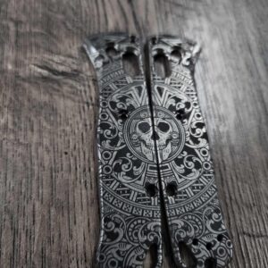 Bugout MINI Skull Aztec Calendar - Titanium Stonewashed Scales  - Deep Laser Engraved Titanium Scales - EDC Gear