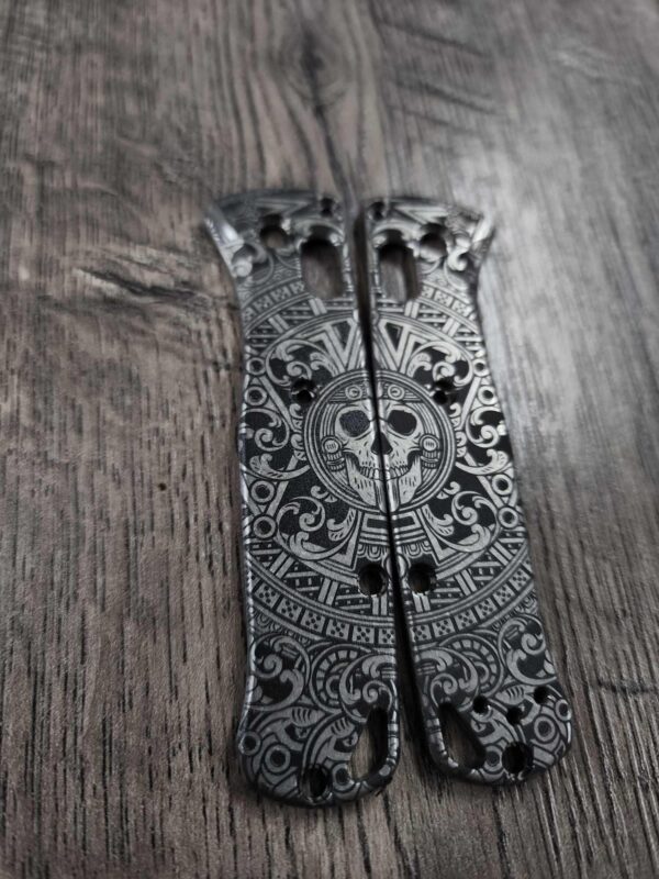 Bugout MINI Skull Aztec Calendar - Titanium Stonewashed Scales  - Deep Laser Engraved Titanium Scales - EDC Gear