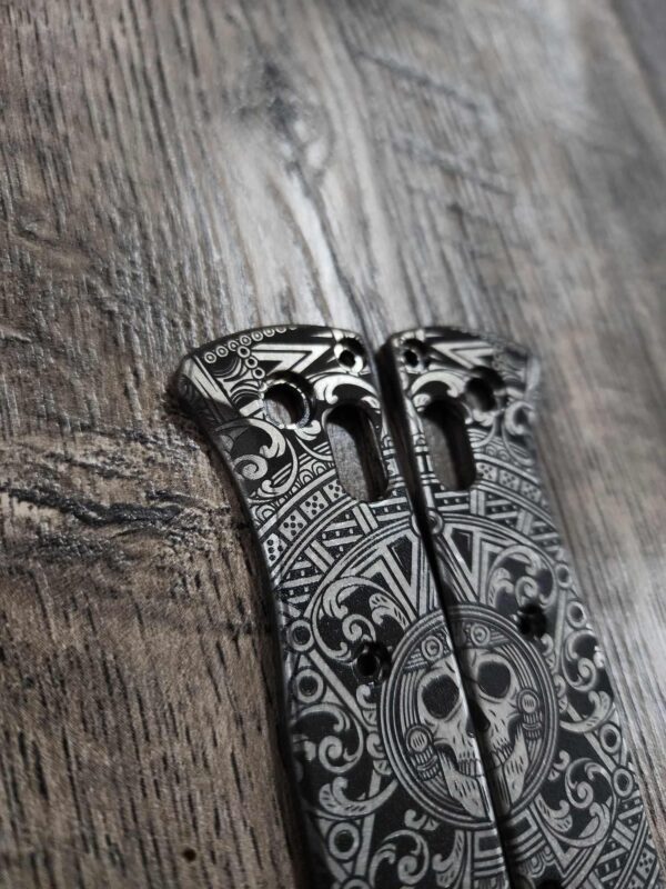 Bugout MINI Skull Aztec Calendar - Titanium Stonewashed Scales  - Deep Laser Engraved Titanium Scales - EDC Gear