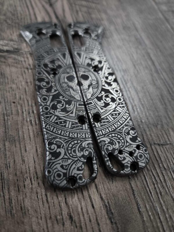 Bugout MINI Skull Aztec Calendar - Titanium Stonewashed Scales  - Deep Laser Engraved Titanium Scales - EDC Gear