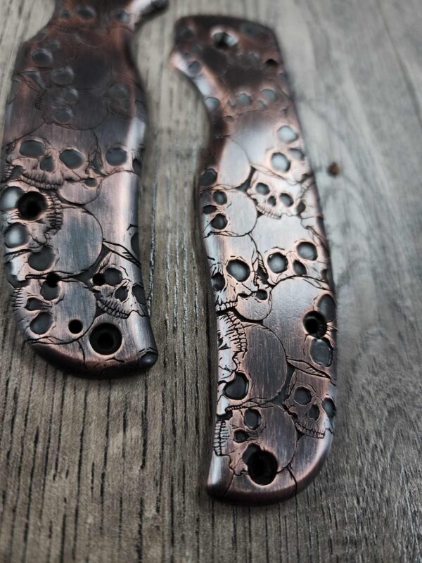 Spyderco Shaman -Skull Pattern - NEW Relief Engraving Style - Laser Engraved Copper Aged Scales - EDC Gear *Scales Only*