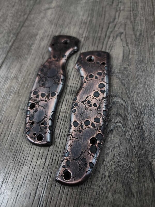 Spyderco Shaman -Skull Pattern - NEW Relief Engraving Style - Laser Engraved Copper Aged Scales - EDC Gear *Scales Only*