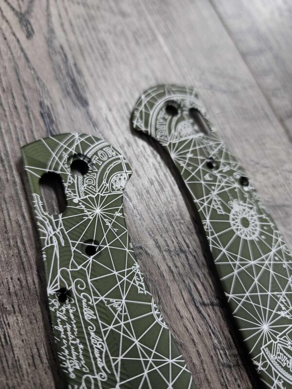 Benchmade Griptilian Laser Engraved Goonies Map!! - Olive Drab Anodized Aluminum Scales 7075 - Full Size Griptilian - With Hardware -