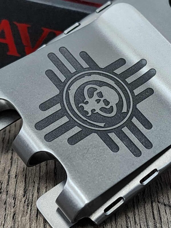 Chaves Ultramar - Skull & Zia Sun - Fiber Laser Relief Engraved - TI Fold Wallet - EDC Gear - Titanium Wallet with Money Clip