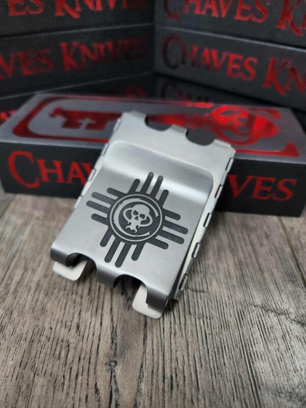 Chaves Ultramar - Skull & Zia Sun - Fiber Laser Relief Engraved - TI Fold Wallet - EDC Gear - Titanium Wallet with Money Clip