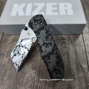 Skulls - Fiber Laser Engraved Micarta Scales - Kizer Drop Bear - Utility Clutch Lock - EDC Gear - Complete Knife - Engraved Blade