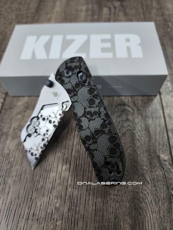 Skulls - Fiber Laser Engraved Micarta Scales - Kizer Drop Bear - Utility Clutch Lock - EDC Gear - Complete Knife - Engraved Blade