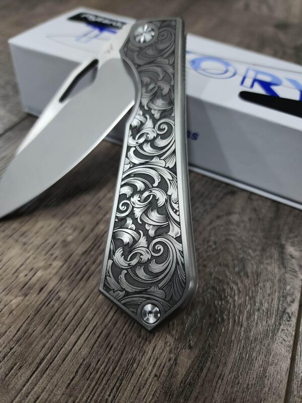 Flytanium Theory - Leaf Scroll - Deep Laser Engraved - Complete Knife - NIB