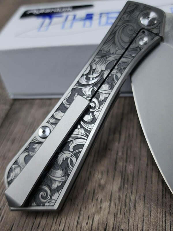 Flytanium Theory - Leaf Scroll - Deep Laser Engraved - Complete Knife - NIB