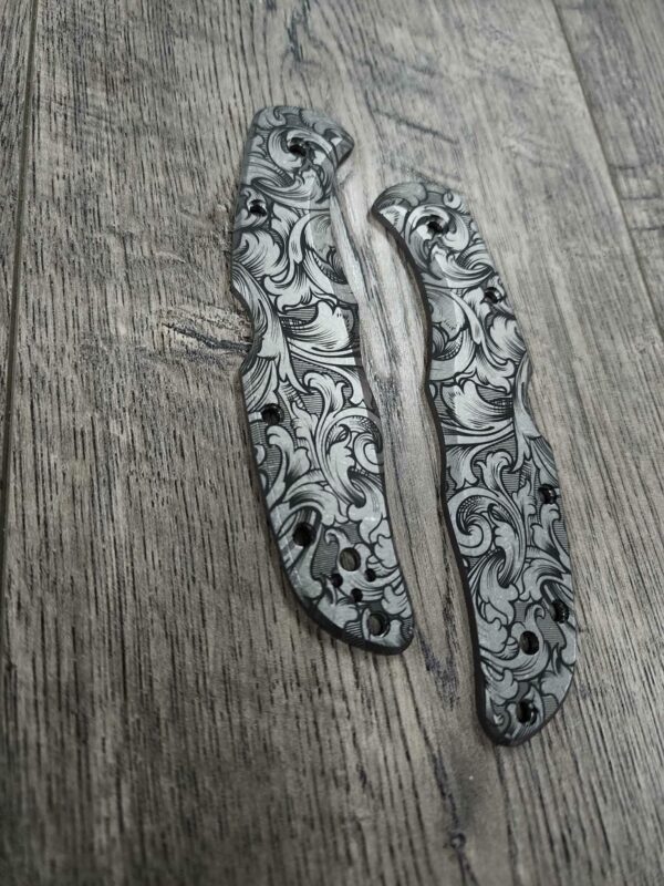 Spyderco Endura - Detailed Leaf Scroll with Shading - Deep Laser Engraved Titanium Scales - EDC Gear *Scales Only*