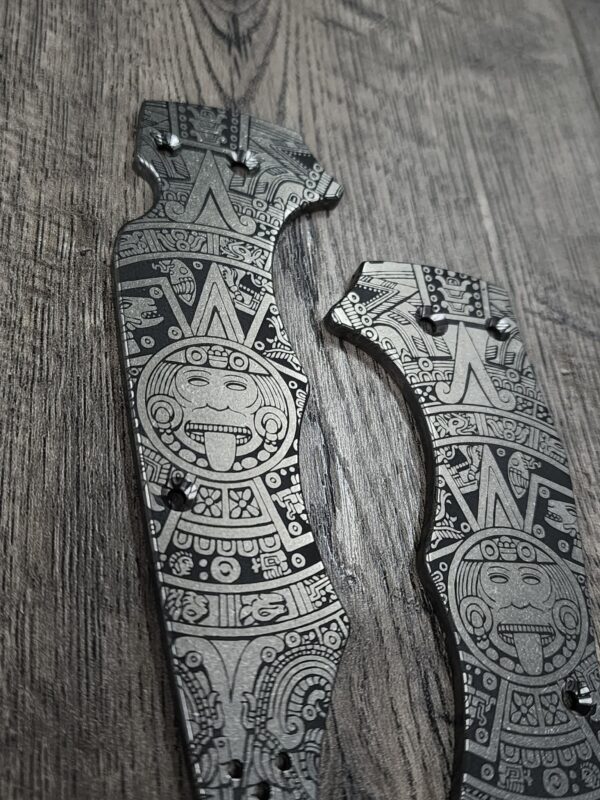 Aztec Calendar  - Spyderco YoJumbo - Deep Laser Engraved - Titanium Scales - EDC Gear *Scales/Handles Only*