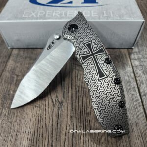 Crusader Cross - ZT Hinderer Slicer Framelock - Deep Fiber Laser Engraving - Geometric Background - EDC Knife - NIB