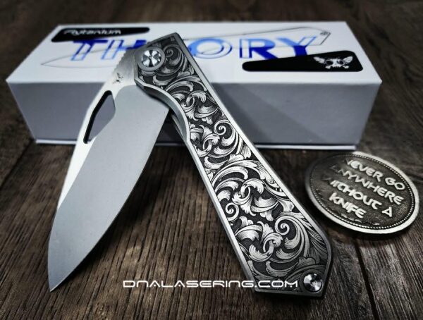 Flytanium Theory - Leaf Scroll - Deep Laser Engraved - Complete Knife - NIB