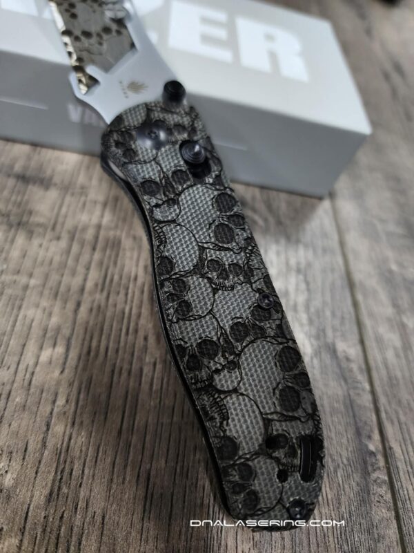 Skulls - Fiber Laser Engraved Micarta Scales - Kizer Drop Bear - Utility Clutch Lock - EDC Gear - Complete Knife - Engraved Blade