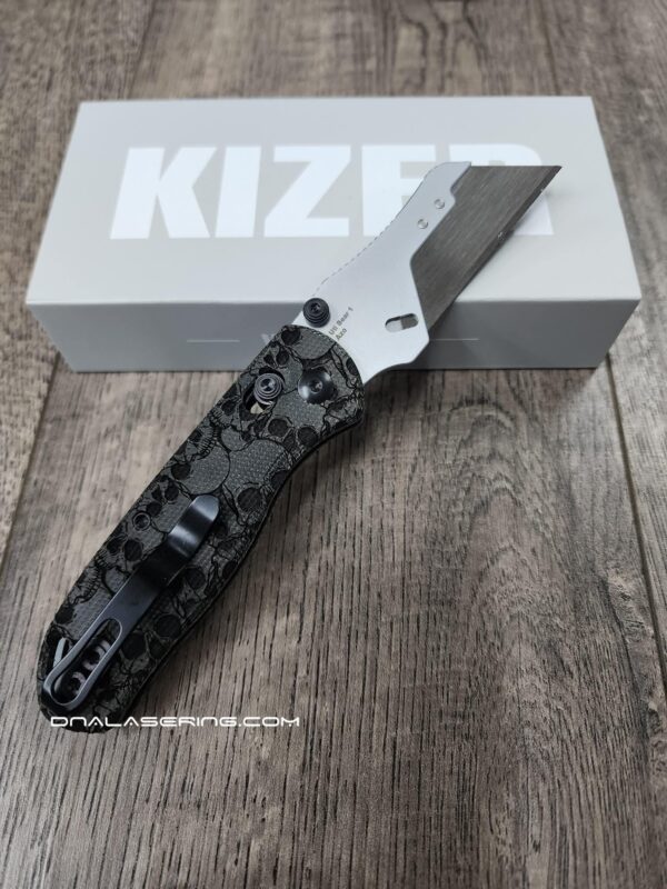 Skulls - Fiber Laser Engraved Micarta Scales - Kizer Drop Bear - Utility Clutch Lock - EDC Gear - Complete Knife - Engraved Blade