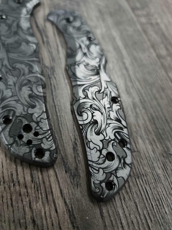 Spyderco Endura - Detailed Leaf Scroll with Shading - Deep Laser Engraved Titanium Scales - EDC Gear *Scales Only*