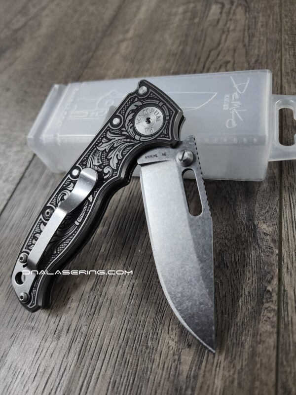 Demko AD 20.5 Shark Lock - Custom Scroll - Laser Engraved Titanium Scales - EDC Gear - Complete Knife