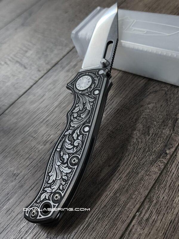 Demko AD 20.5 Shark Lock - Custom Scroll - Laser Engraved Titanium Scales - EDC Gear - Complete Knife