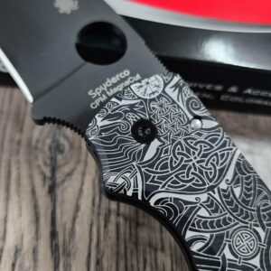 Spyderco Shaman MagnaCut DLC Black Blade – AWT Skinny Black Aluminum Scales (Liner Delete) w/ Viking Rune Engraving – LynchNW Clip