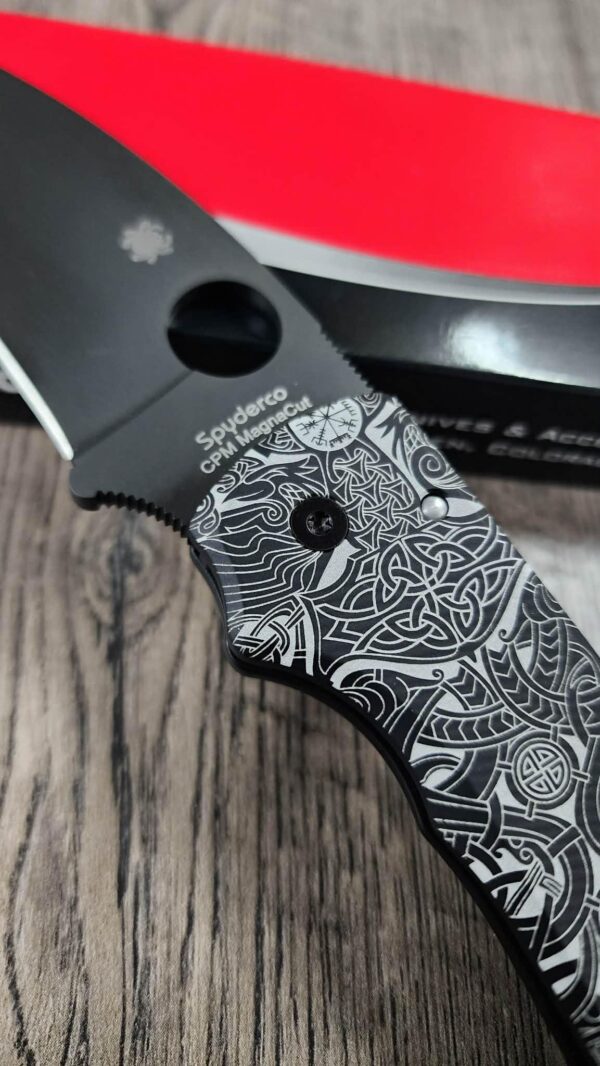Spyderco Shaman MagnaCut DLC Black Blade – AWT Skinny Black Aluminum Scales (Liner Delete) w/ Viking Rune Engraving – LynchNW Clip