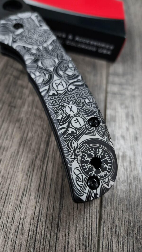 Spyderco Shaman MagnaCut DLC Black Blade – AWT Skinny Black Aluminum Scales (Liner Delete) w/ Viking Rune Engraving – LynchNW Clip