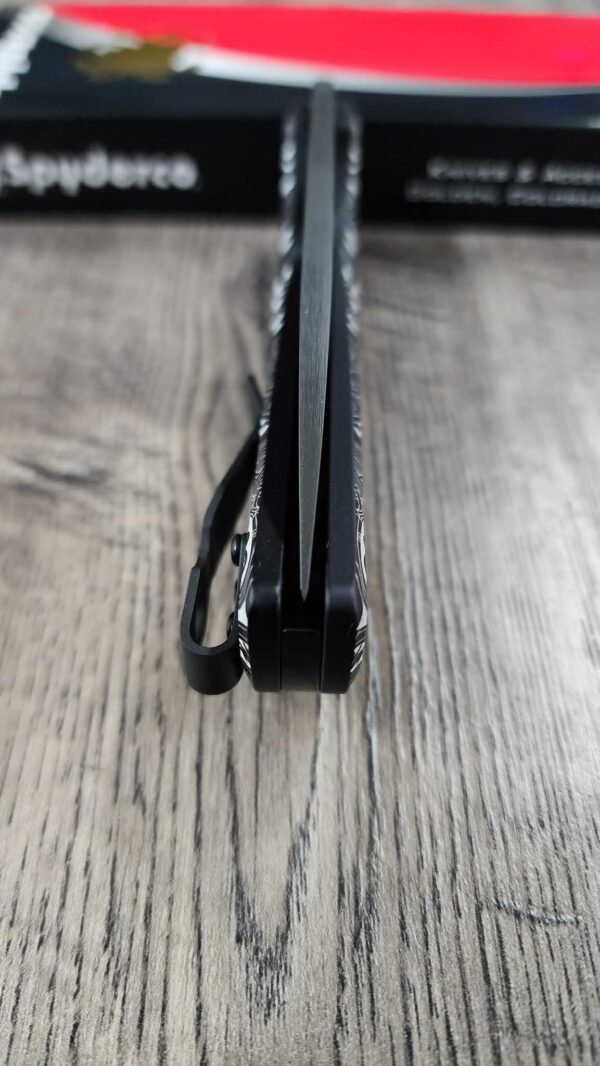 Spyderco Shaman MagnaCut DLC Black Blade – AWT Skinny Black Aluminum Scales (Liner Delete) w/ Viking Rune Engraving – LynchNW Clip