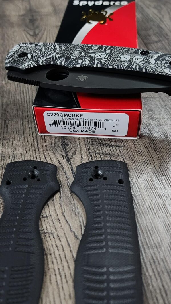 Spyderco Shaman MagnaCut DLC Black Blade – AWT Skinny Black Aluminum Scales (Liner Delete) w/ Viking Rune Engraving – LynchNW Clip