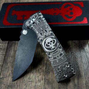 Chaves 229 Redencion KickStop Chisel – M390 DLC Blade – Titanium w/ Chaves Skull Aztec Relief Engraving (Double Sided) – Custom Knife
