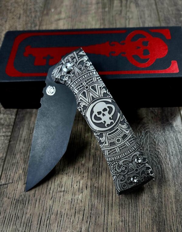 Chaves 229 Redencion KickStop Chisel – M390 DLC Blade – Titanium w/ Chaves Skull Aztec Relief Engraving (Double Sided) – Custom Knife