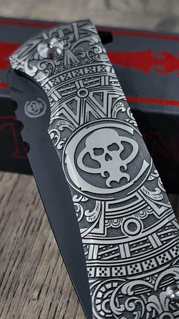 Chaves 229 Redencion KickStop Chisel – M390 DLC Blade – Titanium w/ Chaves Skull Aztec Relief Engraving (Double Sided) – Custom Knife