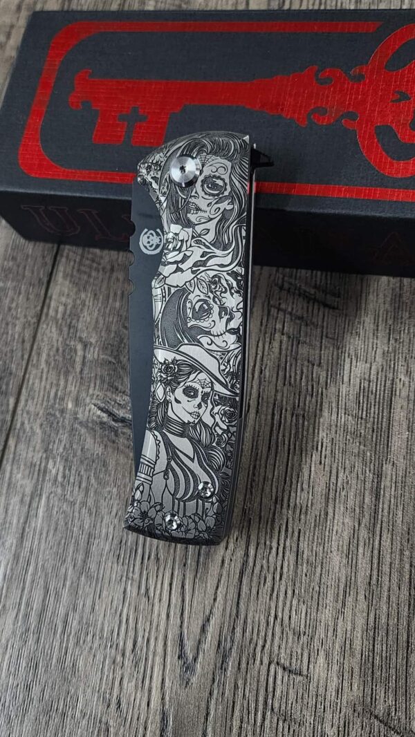 Chaves 229 Redencion Kickstop – M390 Chisel DLC Blade – Titanium w/ Full Relief Sugar Skull Engraving + Engraved Skull Clip – One-Off Custom