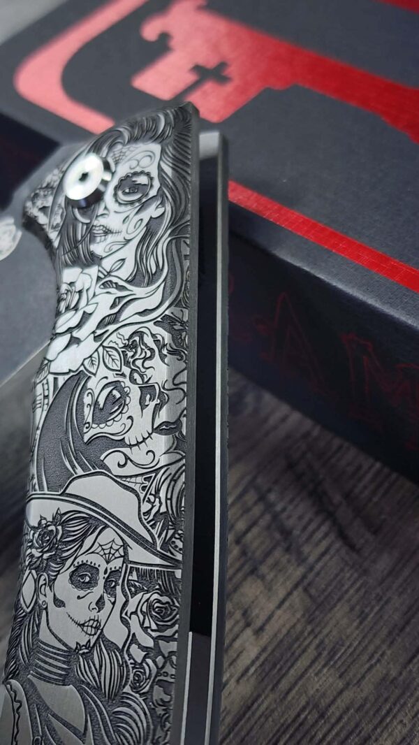 Chaves 229 Redencion Kickstop – M390 Chisel DLC Blade – Titanium w/ Full Relief Sugar Skull Engraving + Engraved Skull Clip – One-Off Custom
