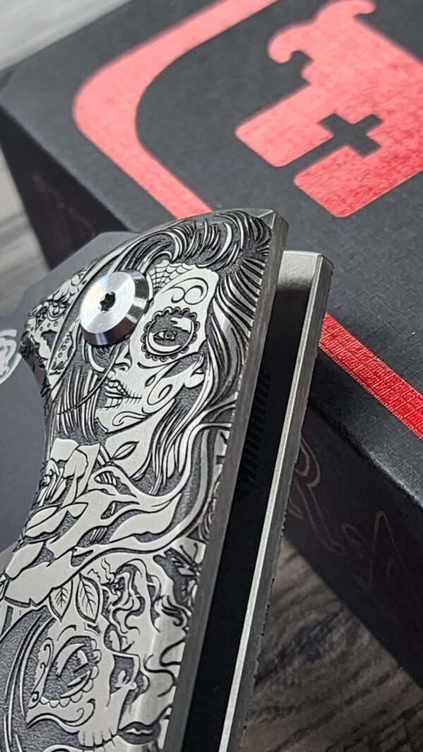 Chaves 229 Redencion Kickstop – M390 Chisel DLC Blade – Titanium w/ Full Relief Sugar Skull Engraving + Engraved Skull Clip – One-Off Custom