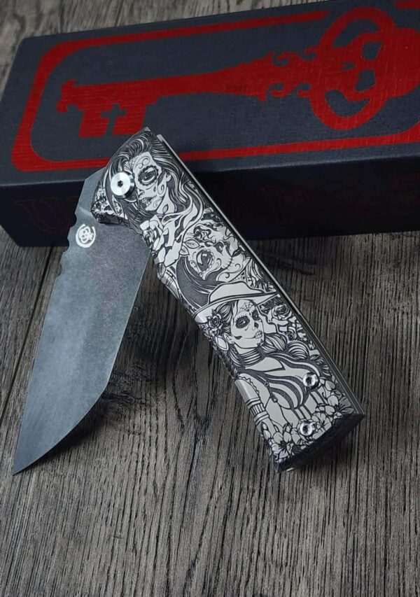 Chaves 229 Redencion Kickstop – M390 Chisel DLC Blade – Titanium w/ Full Relief Sugar Skull Engraving + Engraved Skull Clip – One-Off Custom