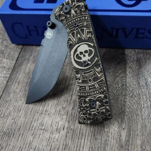 Chaves 229 Redencion Blue Label – Green Micarta w/ Skull Aztec Relief Engraving – Custom Knife - Drop Point - Black Elmax Steel