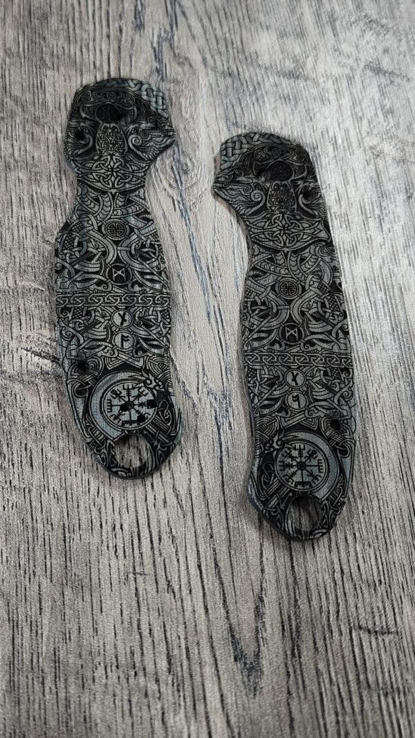 Spyderco PM3 Para 3 Scales ONLY – Black Linen Micarta Lotus w/ Viking Rune Engraving – Custom Replacement Scales