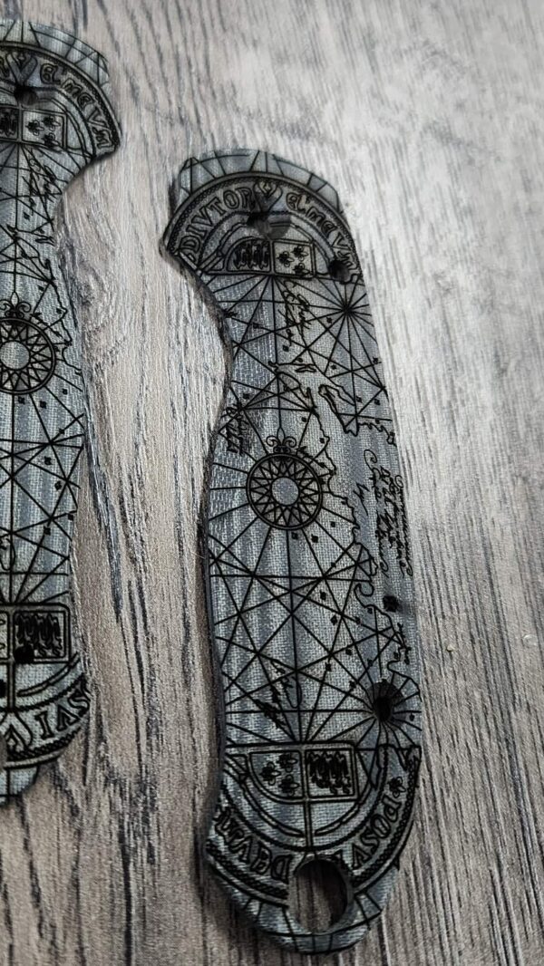 Spyderco PM3 Para 3 Scales ONLY – Black Linen Micarta Lotus w/ Goonies One Eyed Willie Map Engraving – Custom Scales