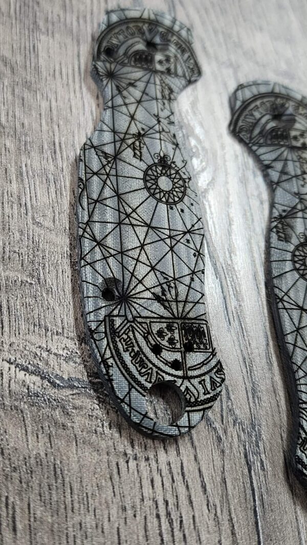 Spyderco PM3 Para 3 Scales ONLY – Black Linen Micarta Lotus w/ Goonies One Eyed Willie Map Engraving – Custom Scales