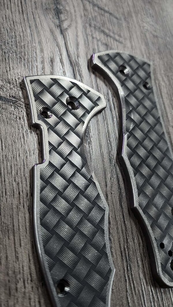 Spyderco Yojimbo Titanium Scales – Intricate Basketweave Engraving – Contoured Edge Design – Custom Laser Engraved – Scales Only