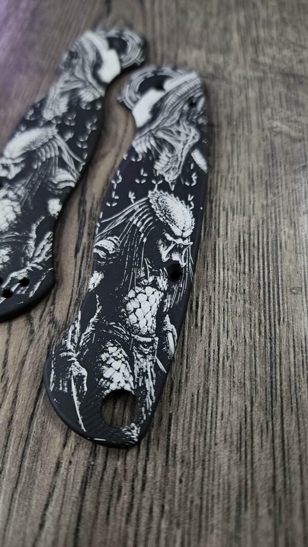 Spyderco PM2 Scales – Black Anodized Aluminum – AVP Alien vs Predator Engraving – Custom Laser Engraved – Scales Only - Flytanium Gear