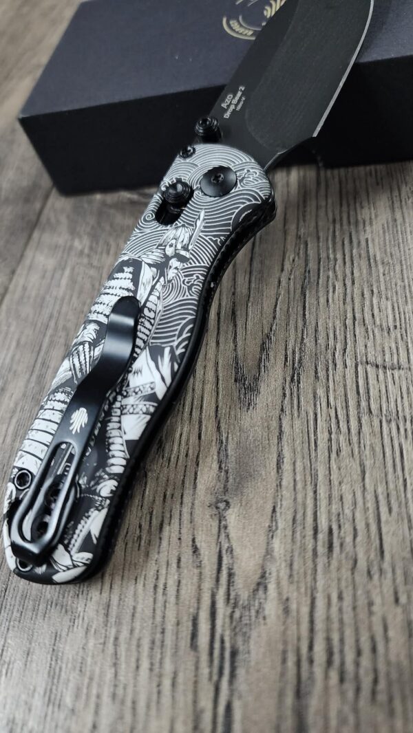 Kizer Drop Bear 2 – Samurai Engraved Knife – Custom Laser Engraving – Great Wave Pattern – EDC Folding Knife - Complete Knife