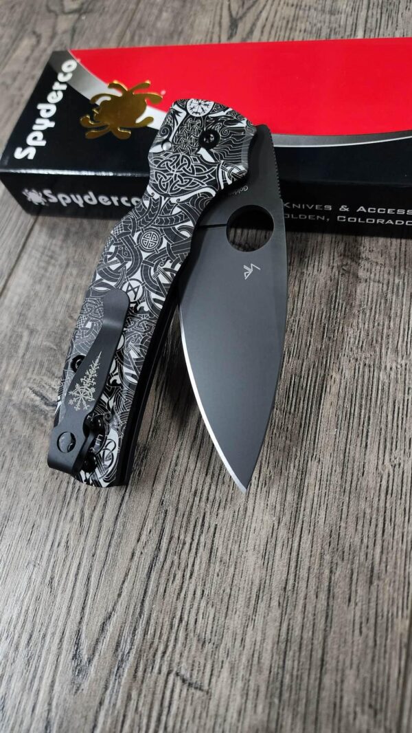Spyderco Shaman MagnaCut DLC Black Blade – AWT Skinny Black Aluminum Scales (Liner Delete) w/ Viking Rune Engraving – LynchNW Clip