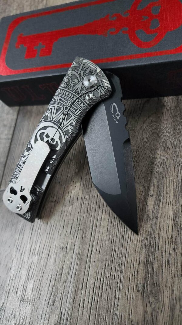 Chaves 229 Redencion KickStop Chisel – M390 DLC Blade – Titanium w/ Chaves Skull Aztec Relief Engraving (Double Sided) – Custom Knife