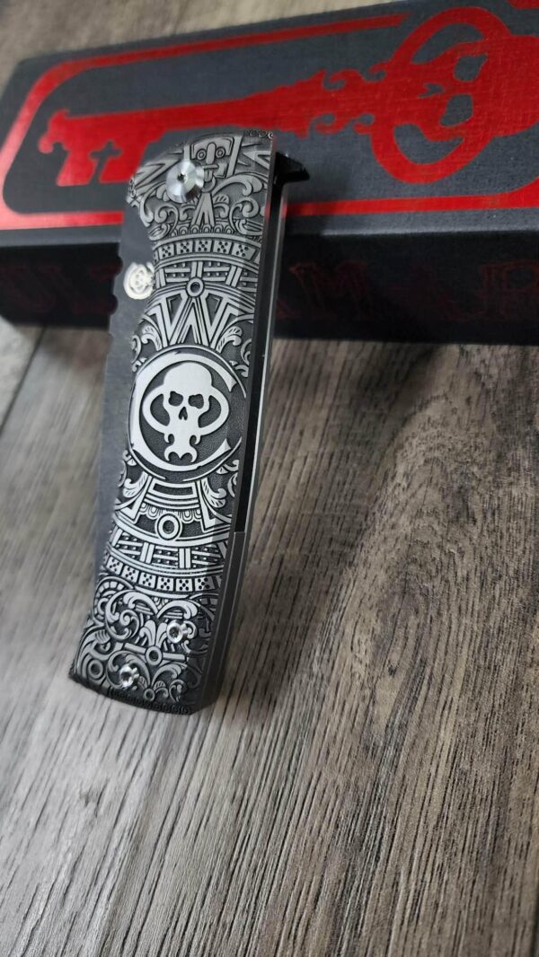 Chaves 229 Redencion KickStop Chisel – M390 DLC Blade – Titanium w/ Chaves Skull Aztec Relief Engraving (Double Sided) – Custom Knife