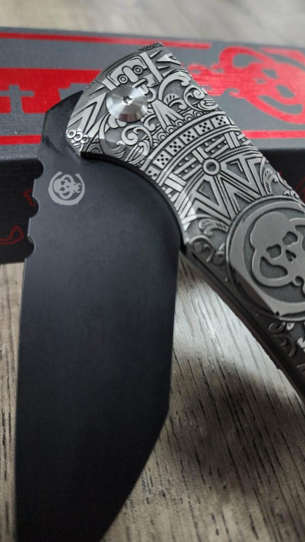 Chaves 229 Redencion KickStop Chisel – M390 DLC Blade – Titanium w/ Chaves Skull Aztec Relief Engraving (Double Sided) – Custom Knife
